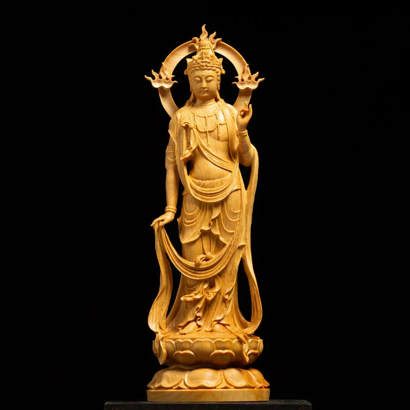 Buddha Statue With Light Back Wood Carving Solid Feng Shui Home Decor Crafts