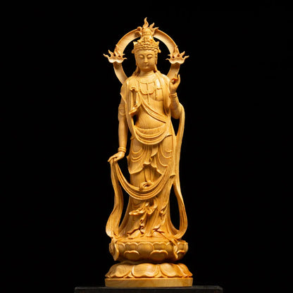 Buddha Statue With Light Back Wood Carving Solid Feng Shui Home Decor Crafts