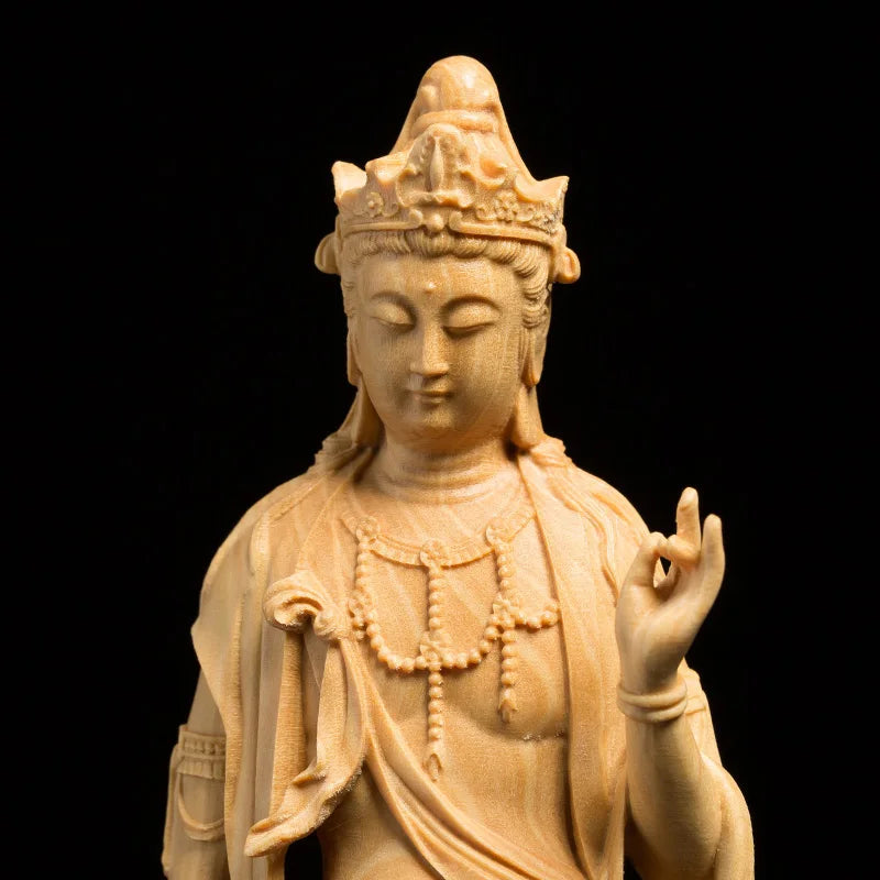 Buddha Statue With Light Back Wood Carving Solid Feng Shui Home Decor Crafts