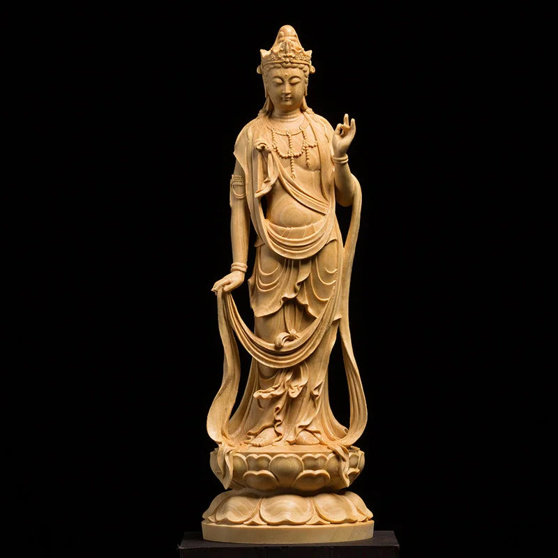 Buddha Statue With Light Back Wood Carving Solid Feng Shui Home Decor Crafts