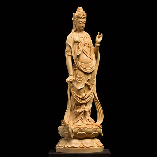 Buddha Statue With Light Back Wood Carving Solid Feng Shui Home Decor Crafts