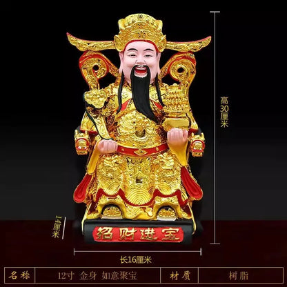 Buddha Statue of God of Wealth 12 Inch Gold-plated Resin Ruyi God of Wealth Ornament Family Worship Temple China Figurine