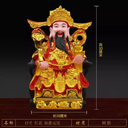 Buddha Statue of God of Wealth 12 Inch Gold-plated Resin Ruyi God of Wealth Ornament Family Worship Temple China Figurine
