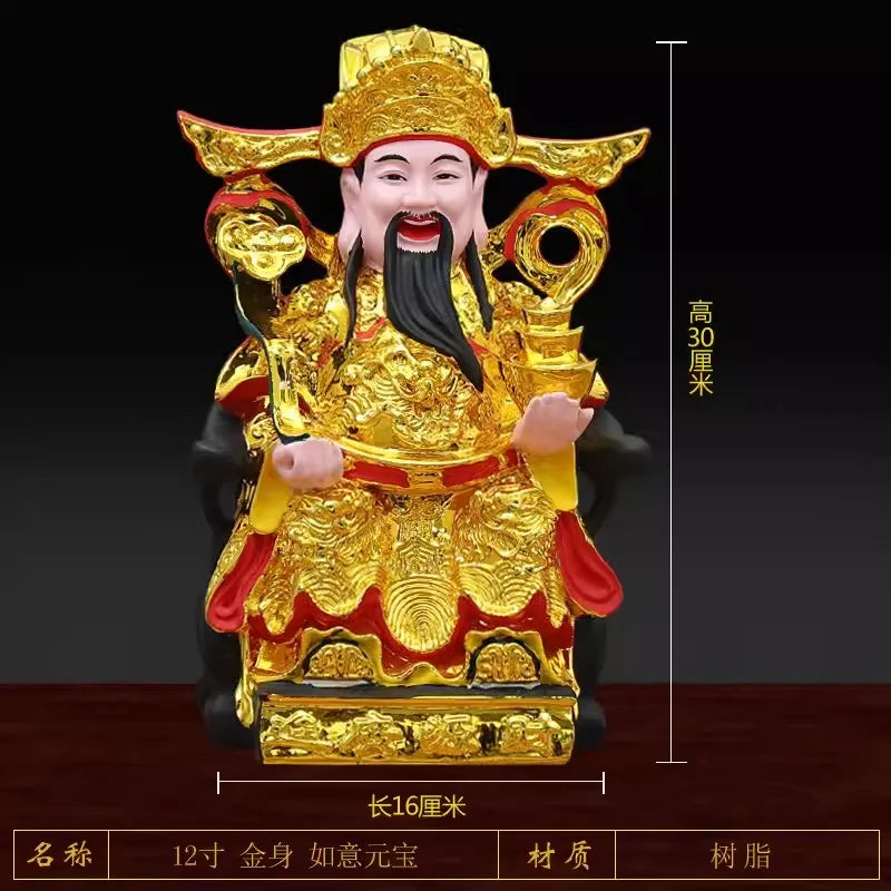 Buddha Statue of God of Wealth 12 Inch Gold-plated Resin Ruyi God of Wealth Ornament Family Worship Temple China Figurine