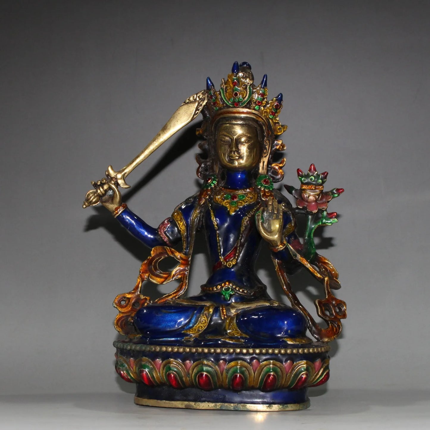 Buddhism Hand Engraving Cloisonne Brass Bodhisattva Manjusri Buddha Statue