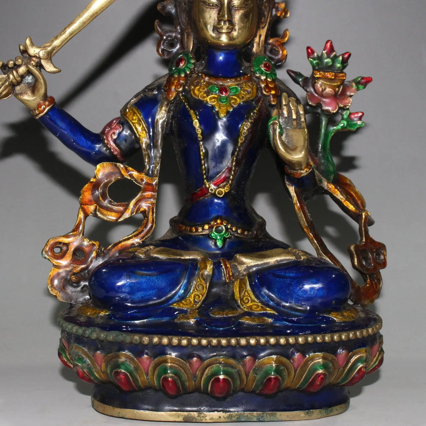 Buddhism Hand Engraving Cloisonne Brass Bodhisattva Manjusri Buddha Statue