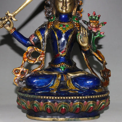 Buddhism Hand Engraving Cloisonne Brass Bodhisattva Manjusri Buddha Statue