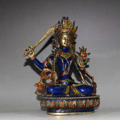 Buddhism Hand Engraving Cloisonne Brass Bodhisattva Manjusri Buddha Statue