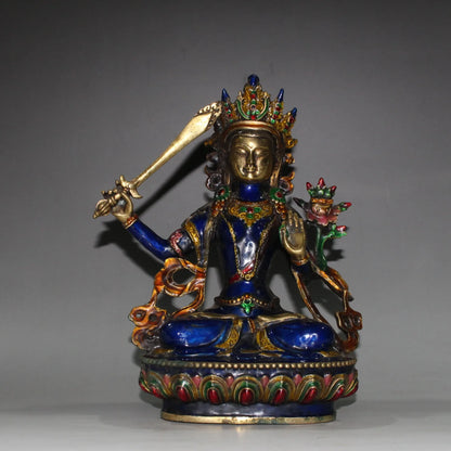 Buddhism Hand Engraving Cloisonne Brass Bodhisattva Manjusri Buddha Statue
