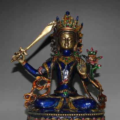 Buddhism Hand Engraving Cloisonne Brass Bodhisattva Manjusri Buddha Statue