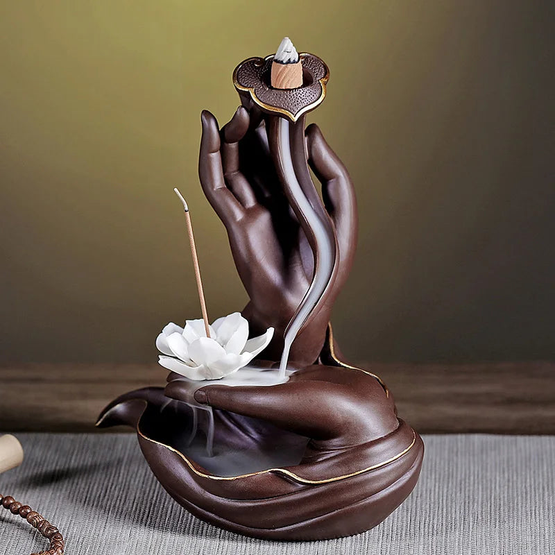 Buddhism high grade decorative ART bless safety health GOOD LUCK buddha Guanyin hand Incense Ceramic Sculpture Statue