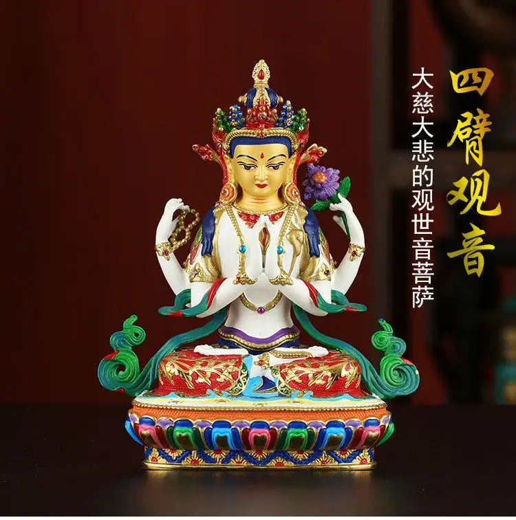 Buddhism high grade good Nepal Color drawing Four arm Guanyin Buddha copper buddha statue HOME Temple efficacious Protection