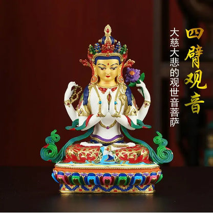 Buddhism high grade good Nepal Color drawing Four arm Guanyin Buddha copper buddha statue HOME Temple efficacious Protection