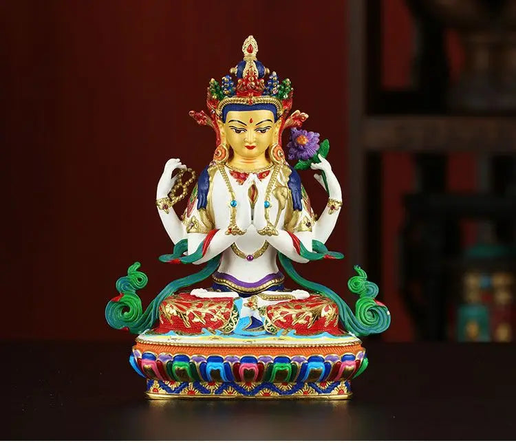 Buddhism high grade good Nepal Color drawing Four arm Guanyin Buddha copper buddha statue HOME Temple efficacious Protection