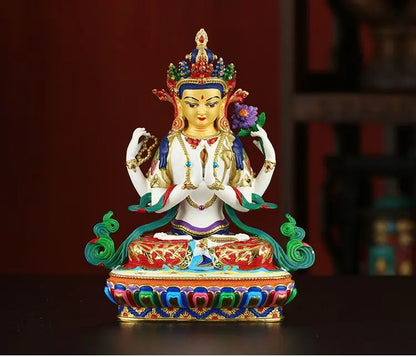 Buddhism high grade good Nepal Color drawing Four arm Guanyin Buddha copper buddha statue HOME Temple efficacious Protection