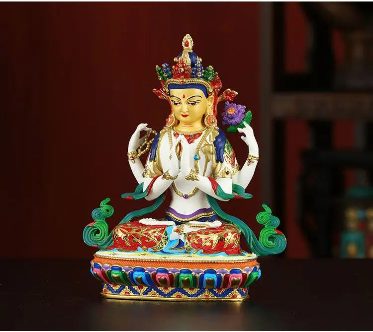 Buddhism high grade good Nepal Color drawing Four arm Guanyin Buddha copper buddha statue HOME Temple efficacious Protection