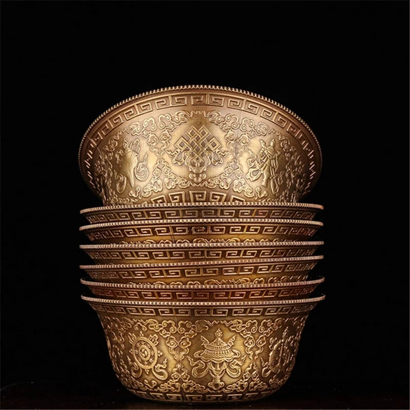 Buddhist supplies exquisite carved copper patina beautifully carved eight auspicious water holy cups Buddha 7pcs/set free ship