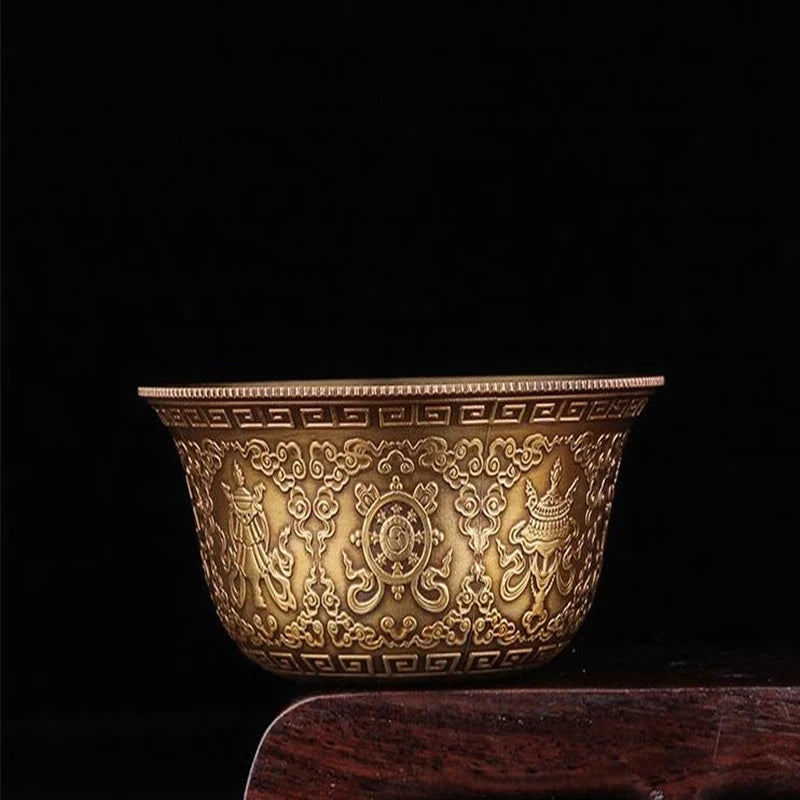Buddhist supplies exquisite carved copper patina beautifully carved eight auspicious water holy cups Buddha 7pcs/set free ship