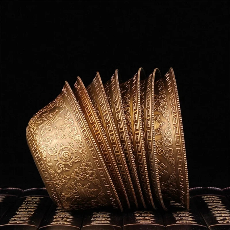 Buddhist supplies exquisite carved copper patina beautifully carved eight auspicious water holy cups Buddha 7pcs/set free ship