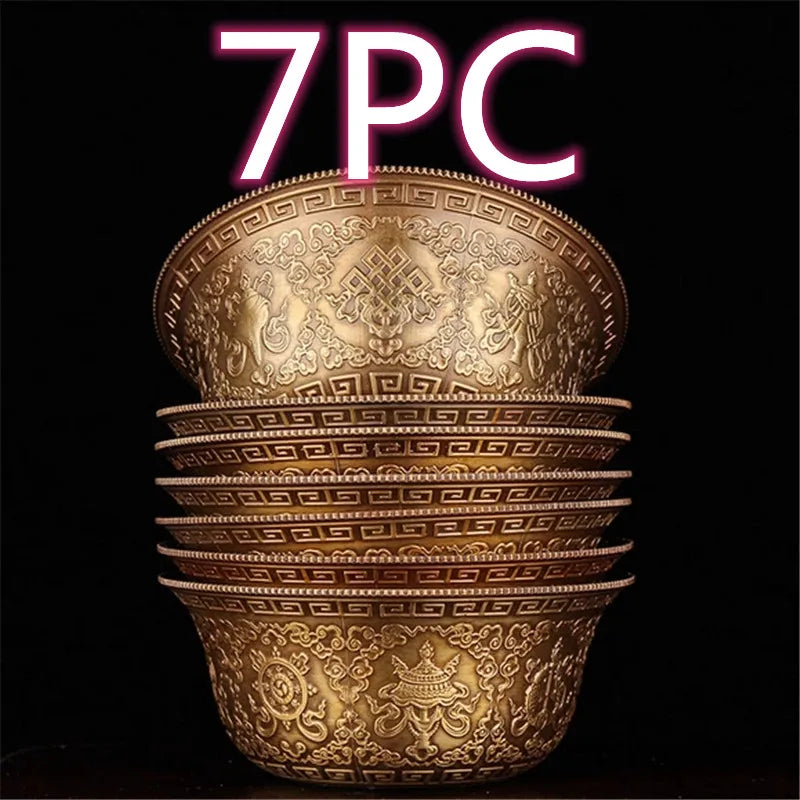 Buddhist supplies exquisite carved copper patina beautifully carved eight auspicious water holy cups Buddha 7pcs/set free ship