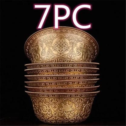 Buddhist supplies exquisite carved copper patina beautifully carved eight auspicious water holy cups Buddha 7pcs/set free ship
