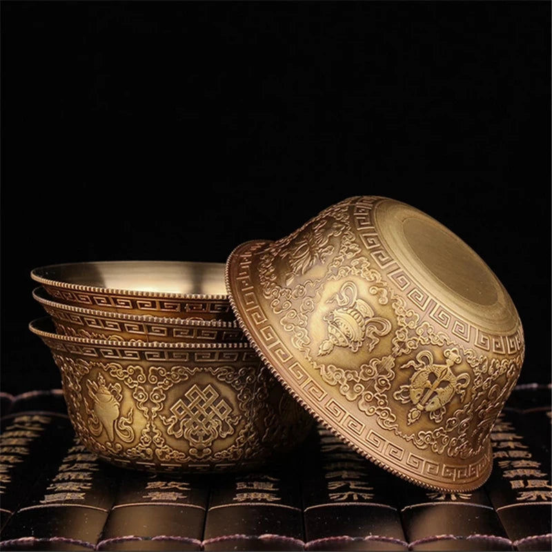 Buddhist supplies exquisite carved copper patina beautifully carved eight auspicious water holy cups Buddha 7pcs/set free ship