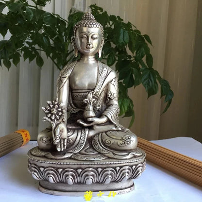 Budismo plata China bien dragón Po Sang buda asiento de loto escultura estatua de buda medicinal