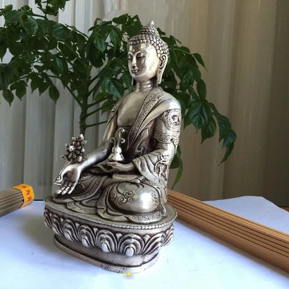 Budismo plata China bien dragón Po Sang buda asiento de loto escultura estatua de buda medicinal