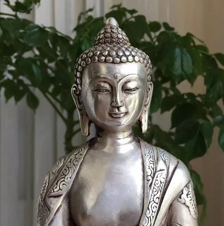 Budismo plata China bien dragón Po Sang buda asiento de loto escultura estatua de buda medicinal