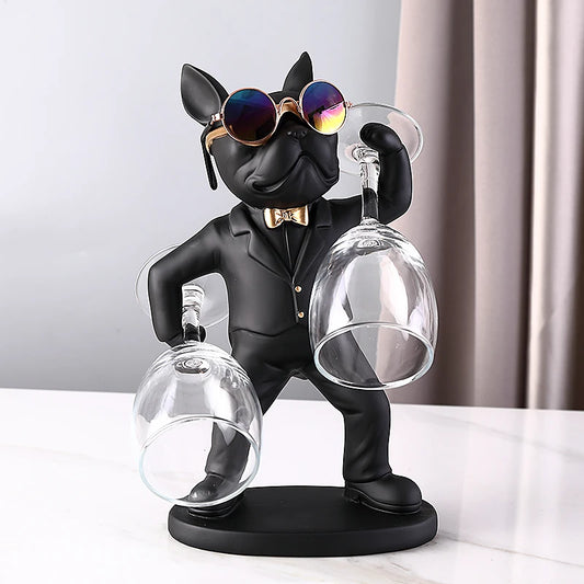 Bulldog Sculpture Wine Glass Rack Cup Holder Table Decor for Kitchen Bar Resin Dog Statue Living Room Home Decoration Accessory