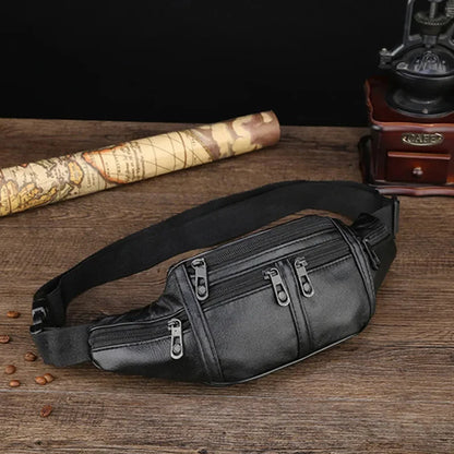 Business Black Men Waist Sports PU Leather Chest Phone Waterproof Outdoor Shoulder Bag Multifunction Male Fanny Pack