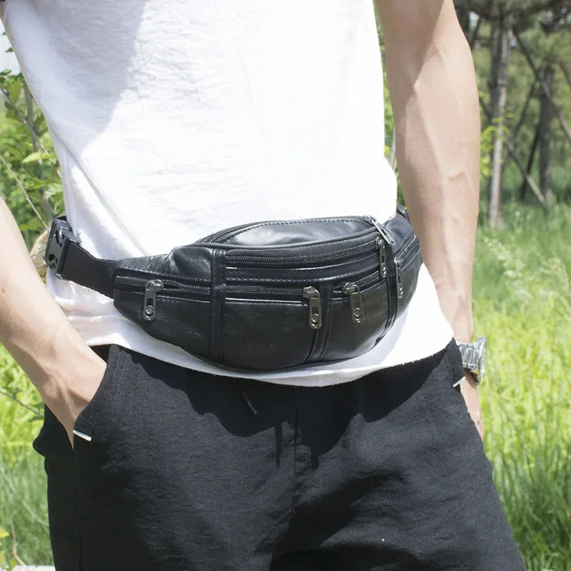 Business Black Men Waist Sports PU Leather Chest Phone Waterproof Outdoor Shoulder Bag Multifunction Male Fanny Pack