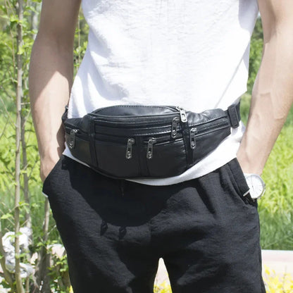 Business Black Men Waist Sports PU Leather Chest Phone Waterproof Outdoor Shoulder Bag Multifunction Male Fanny Pack