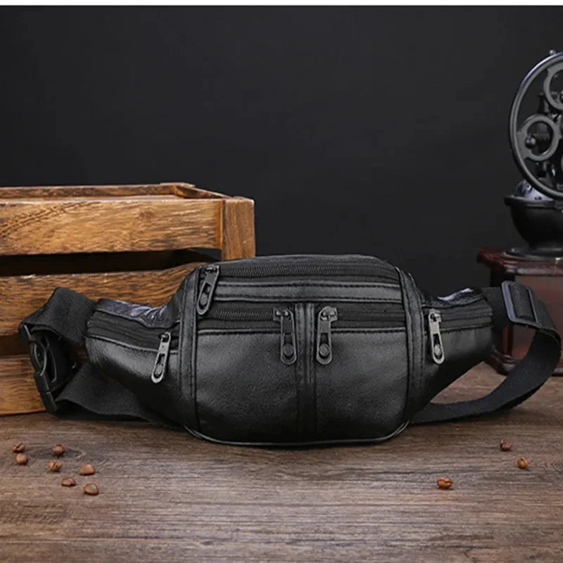 Business Black Men Waist Sports PU Leather Chest Phone Waterproof Outdoor Shoulder Bag Multifunction Male Fanny Pack
