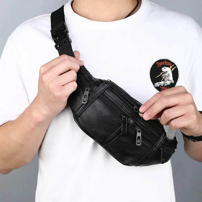 Business Black Men Waist Sports PU Leather Chest Phone Waterproof Outdoor Shoulder Bag Multifunction Male Fanny Pack