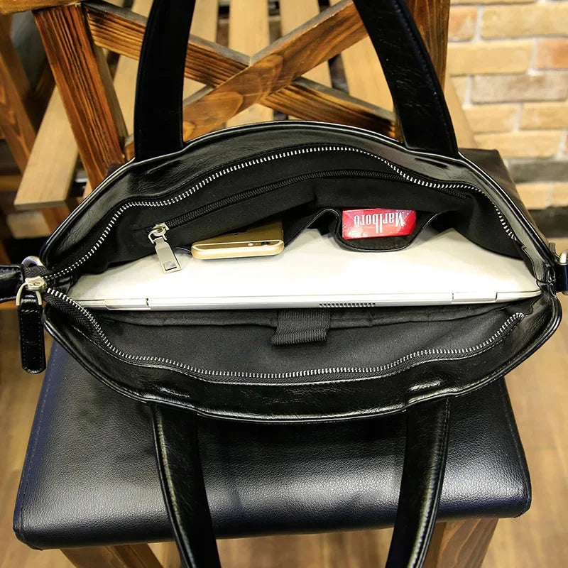 Business Black Men's Briefcase PU Leather Handbag For Documents Luxury Shoulder Messenger Horizontal Man Laptop Bag