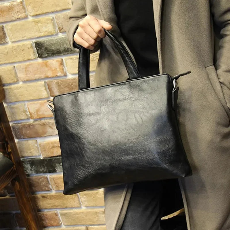 Business Black Men's Briefcase PU Leather Handbag For Documents Luxury Shoulder Messenger Horizontal Man Laptop Bag