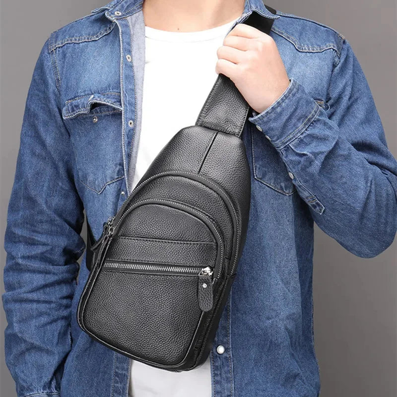 Business Cowhide Men's Chest Genuine Leather Male Shoulder Outdoor Crossbody Sports Messenger Casual Sling Bag