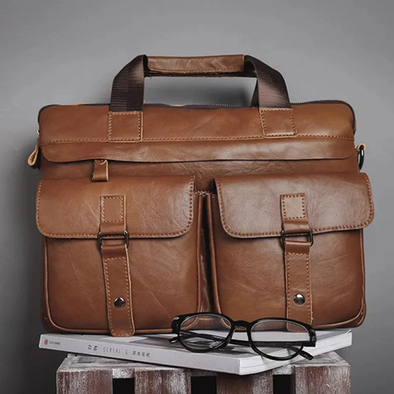 Business Genuine Leather Men's Briefcase Vintage Cowhide Handbag Large Capacity Shoulder Crossbody Office 15.6 "Laptop Bag B