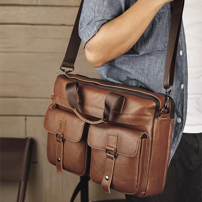 Business Genuine Leather Men's Briefcase Vintage Cowhide Handbag Large Capacity Shoulder Crossbody Office 15.6 "Laptop Bag B