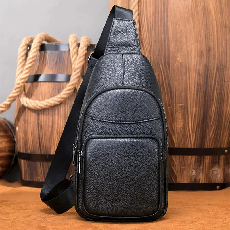 Business Genuine Leather Men's Chest Cowhide Crossbody Large Capacity Male Shoulder Messenger Sports Sling Bag