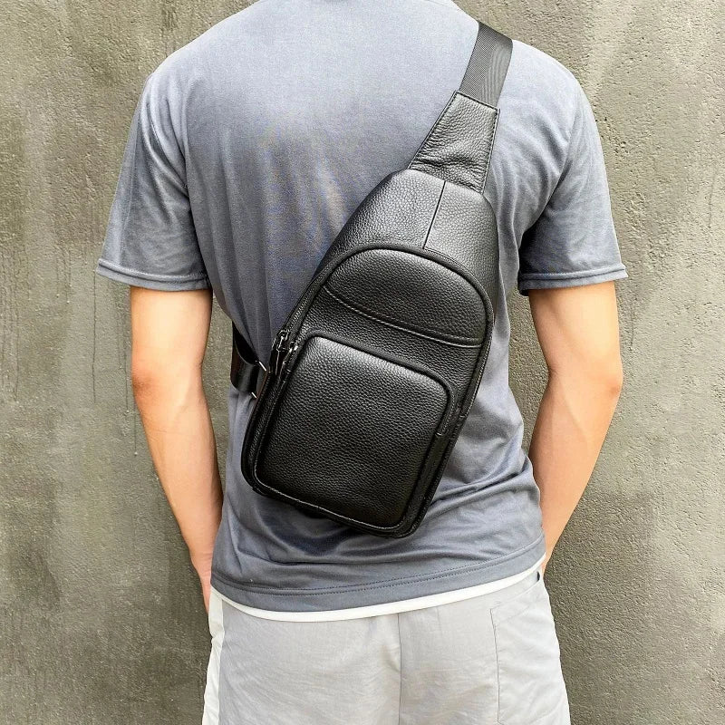 Business Genuine Leather Men's Chest Cowhide Crossbody Large Capacity Male Shoulder Messenger Sports Sling Bag