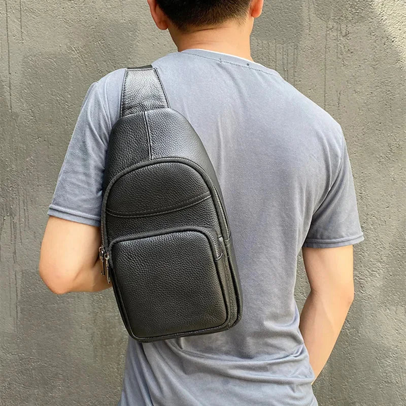 Business Genuine Leather Men's Chest Cowhide Crossbody Large Capacity Male Shoulder Messenger Sports Sling Bag
