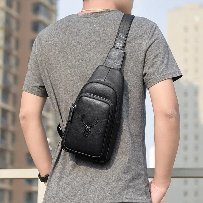 Business Genuine Leather Men's Chest Fashion Black Man Sling Crossbody High Quality Male Shoulder Messenger Bag