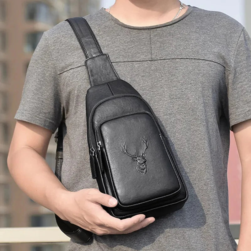 Business Genuine Leather Men's Chest Fashion Black Man Sling Crossbody High Quality Male Shoulder Messenger Bag