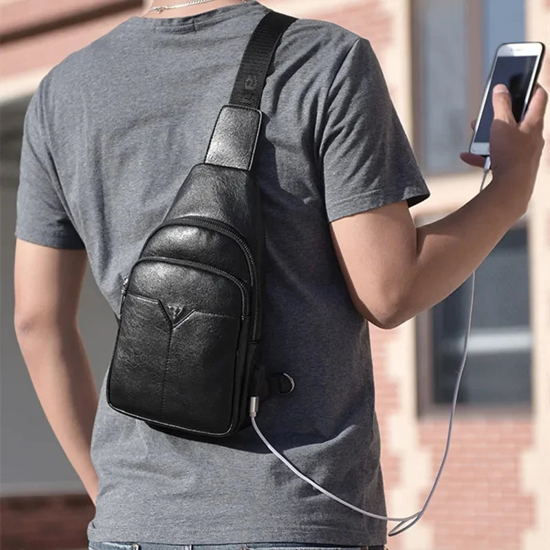 Business Genuine Leather Men's Chest Large Capacity Crossbody Fashion Shoulder Multifunction Messenger Bag