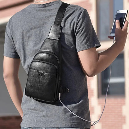 Business Genuine Leather Men's Chest Large Capacity Crossbody Fashion Shoulder Multifunction Messenger Bag