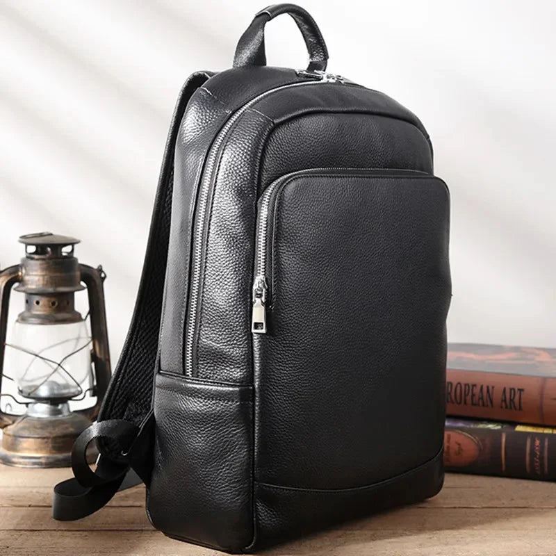 Business Genuine Leather Men's Cowhide Man Travel Backpack Large Capacity School 15.6 " Inch Laptop Bag