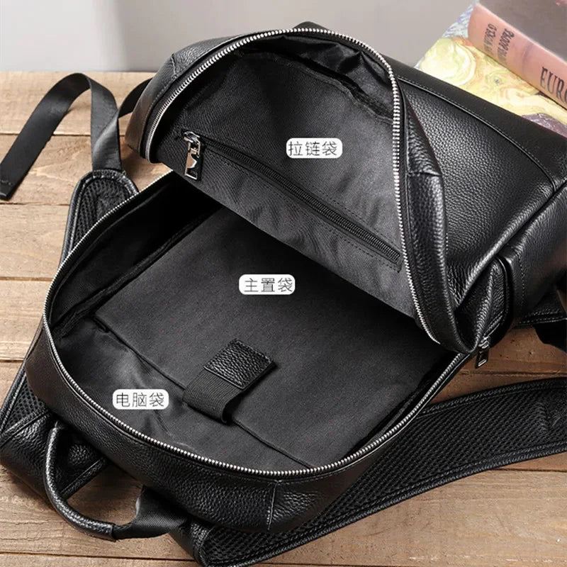 Business Genuine Leather Men's Cowhide Man Travel Backpack Large Capacity School 15.6 " Inch Laptop Bag