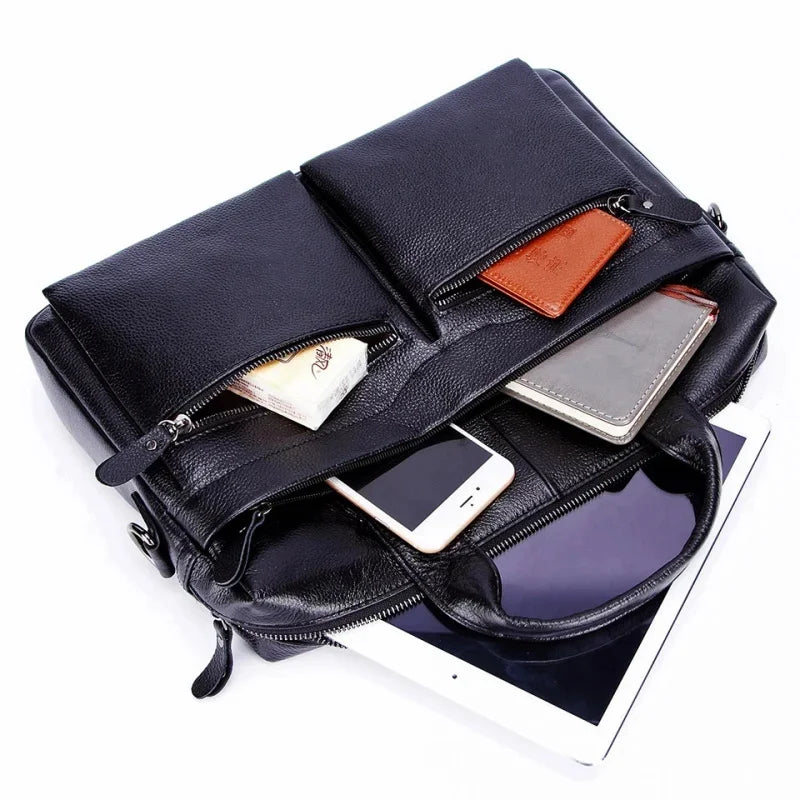 Business Genuine Men Briefcase Large Capacity Laptop Messenger Retro Shoulder Bags Cow Leather Male Handbags